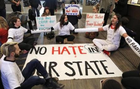 demonstrators blocking street