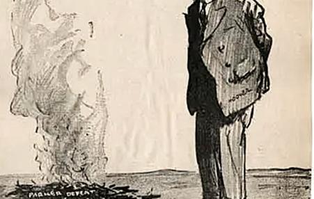 Cartoon of Herbert Hoover staring glumly at the ashes of John Parker's Supreme Court nomination 
