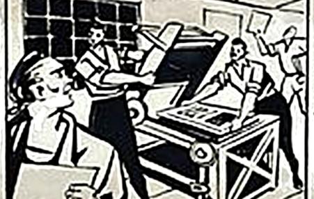 Cartoon of early-U.S. printshop workers