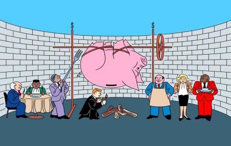 drawing of rich men roasting a pig on a spit