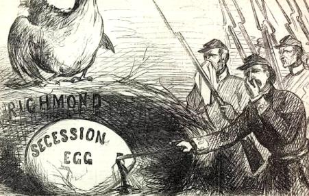 Union soldiers holding their noses to stop smelling the rotten egg of secession