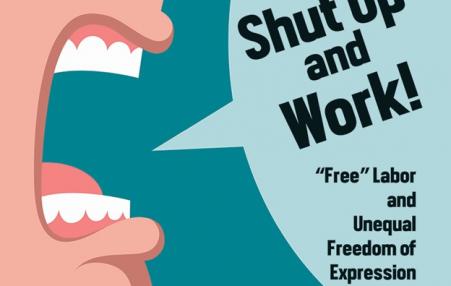 Cartoon of an open mouth with a conversation bubble saying - shut up and work!e  