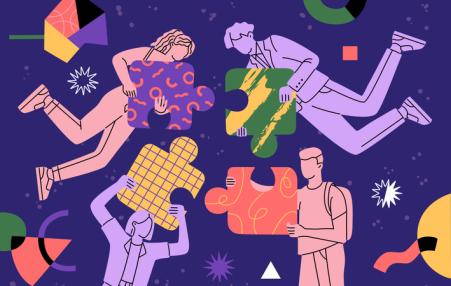 Colorful drawing of stick figures floating with puzzle pieces.