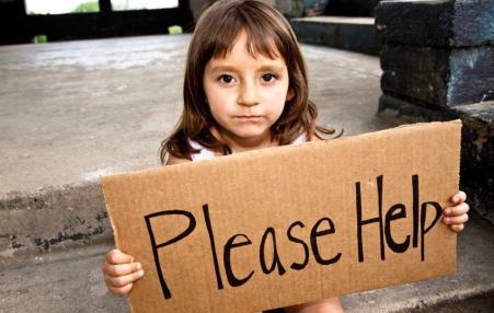young girl holding cardboard sign "Please Help"